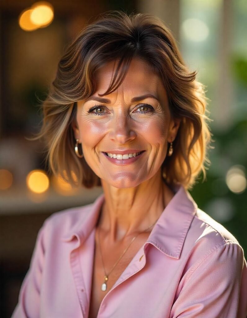 Realistic photo of a woman over 50 with a shaggy wolf cut with fringe, natural brunette hair with subtle highlights, soft romantic background, and modern, youthful style.