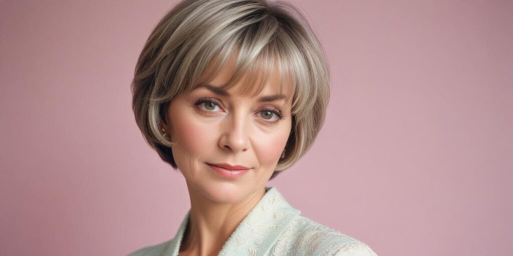 "A realistic image of a stylish woman aged 50+ with a feathered wedge bob with slim bangs, wearing a pastel pink silk blouse, sitting at an outdoor café with a warm smile. The background has a romantic evening ambiance with fairy lights and floral décor."