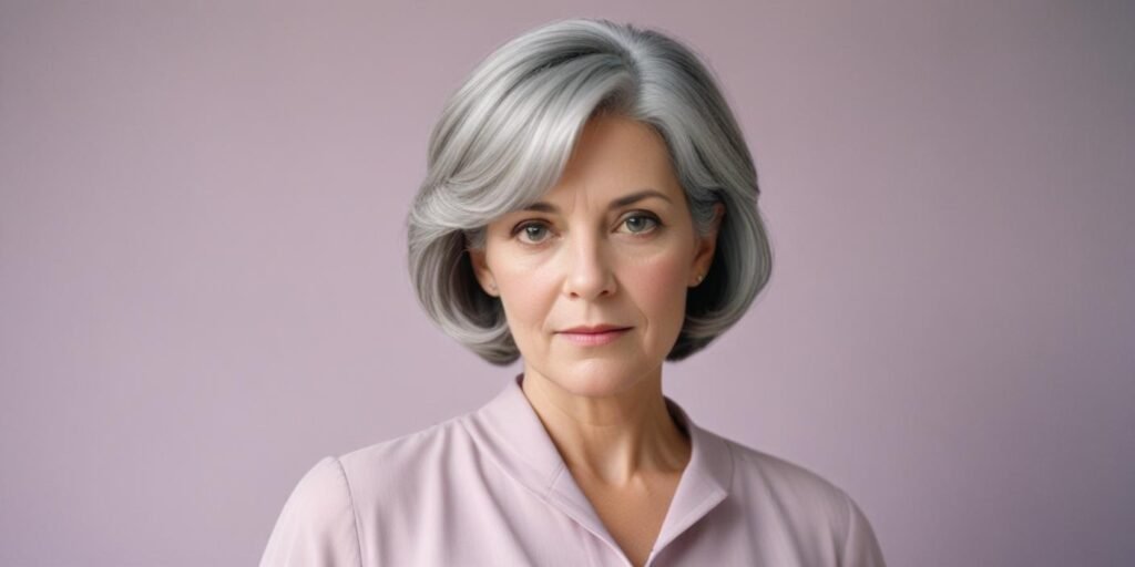 Realistic photo of a woman aged 50+ with grey hair styled in a wedge lob haircut, showcasing volume and elegance, perfect for medium to thick hair.