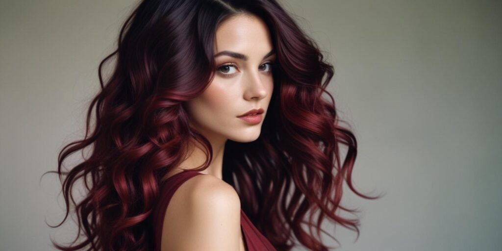 "Realistic image of a woman with dark roots transitioning to rich wine red dark merlot hair, wearing a deep burgundy dress in a romantic setting."