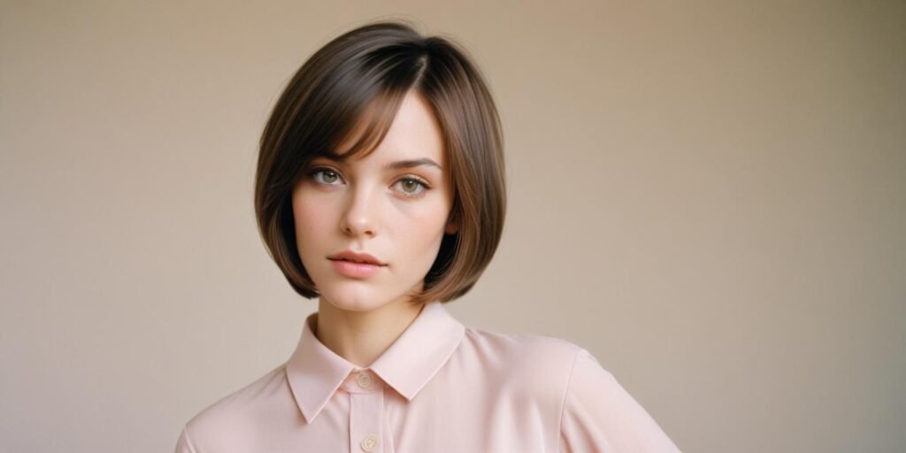 Side-parted layered bob with sleek front locks, soft brown hair, romantic outdoor setting, and light pink blouse.