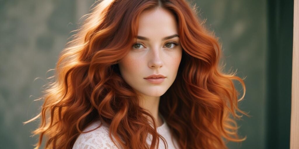 "Realistic photo of a woman with coppery waves in a soft, flowy white dress, showcasing a bold, youthful look with a sun-kissed effect in a romantic outdoor setting."