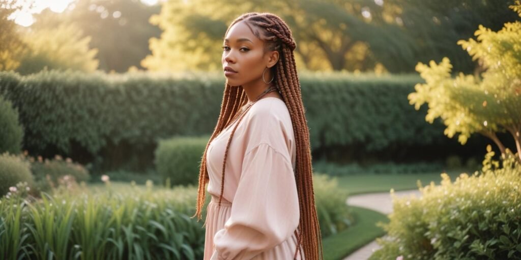 "Realistic image of a woman with long box braids in reddish hue, wearing a light pastel dress, standing in a romantic garden setting, with a natural neck and soft lighting."