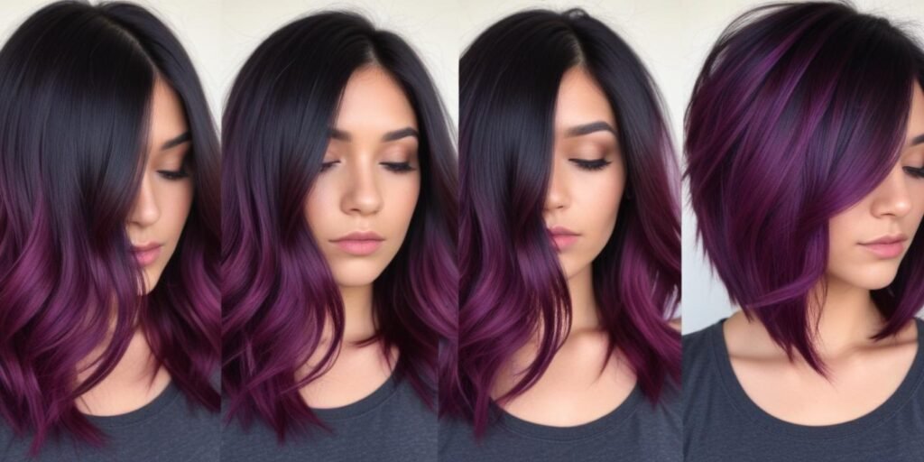 "Realistic plum ombré hair with black roots and deep plum color at the ends, in a romantic, soft pink dress."