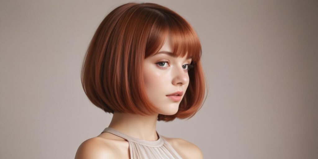 Realistic photo of a woman with a long bob haircut featuring reddish accents, a metallic finish, and chic radiance. Her soft dress complements the warm tones of her hair.