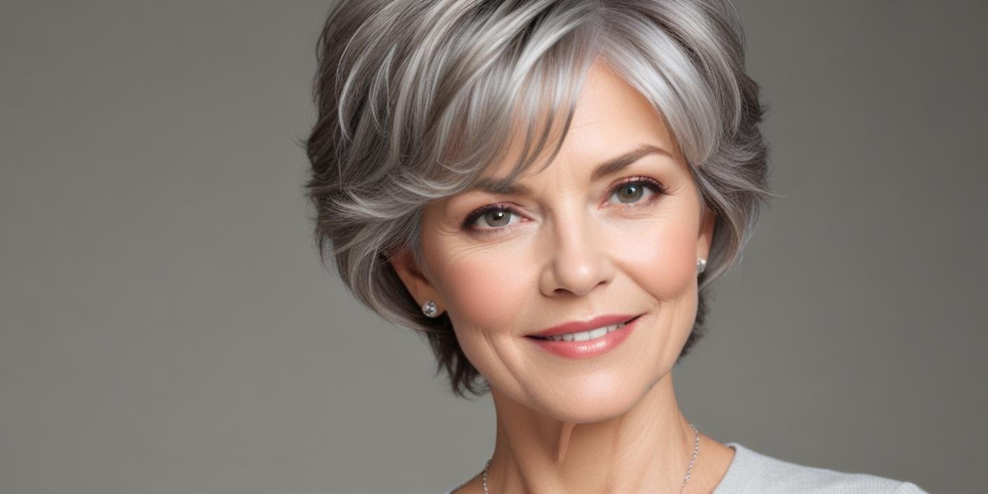 "Wedge haircut for women over 60 with layers and volume, showcasing natural gray hair with subtle highlights, perfect for a sophisticated, low-maintenance, youthful look."