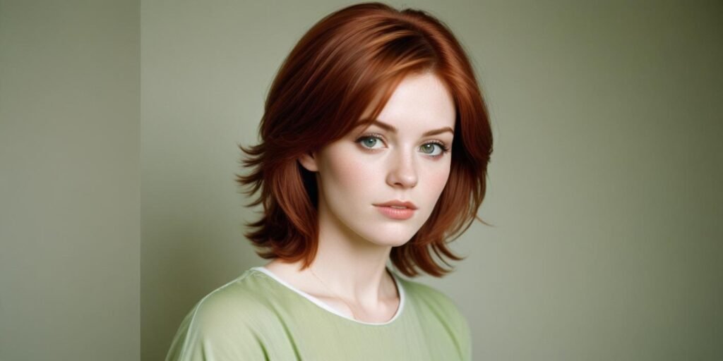 "Realistic image of a woman with auburn hair styled in a layered haircut, complementing her porcelain skin and green eyes, in a romantic setting."