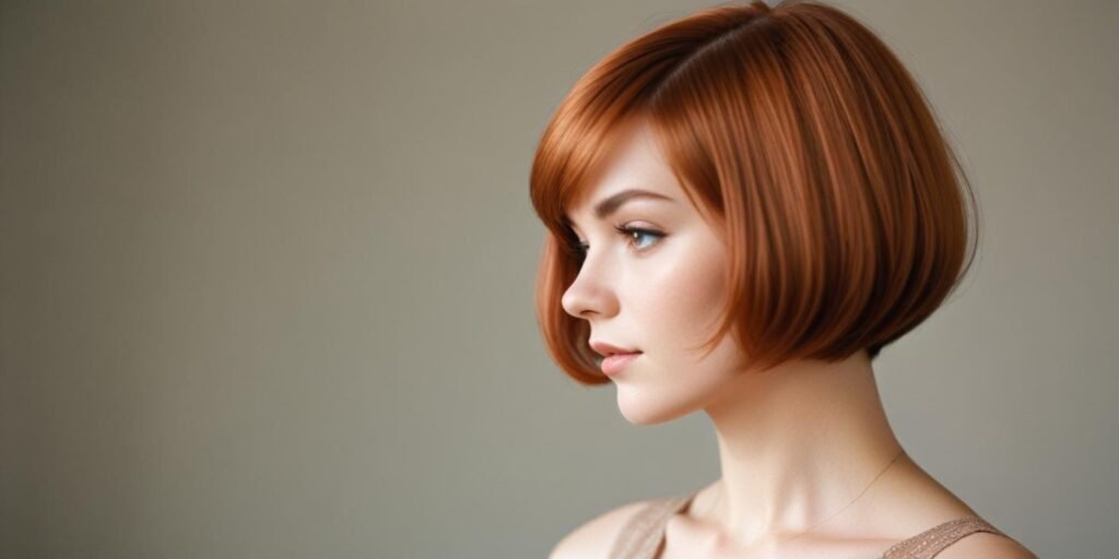 "Medium copper bob hairstyle with natural volume and a subtle fringe, offering a youthful and elegant look. Warm lighting and a romantic background complement the rich copper hair color."