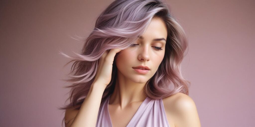 "Woman with touchable layers haircut, metallic finish and dimension in her hair, wearing a pastel-colored dress, admiring her subtle color transformation."