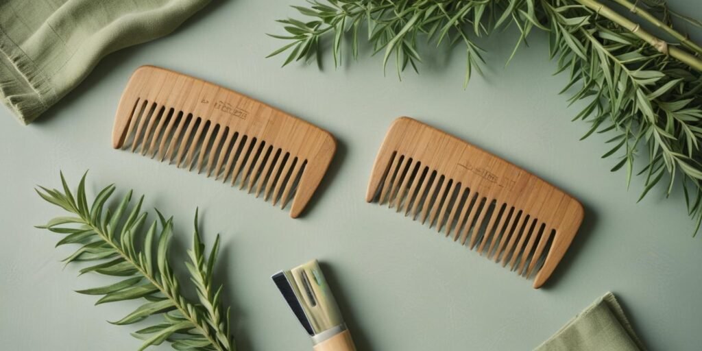 Bamboo comb, reusable clips, and drugstore mousse on a wooden tray