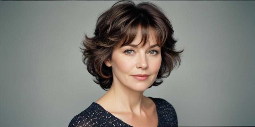 Real photo of a woman aged 50+ with a textured wedge haircut for wavy hair, styled with bangs and soft layers, wearing a romantic pastel-colored dress in a cozy, romantic setting.