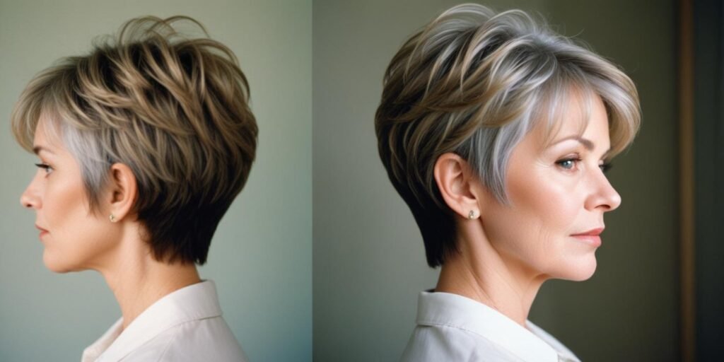 Realistic photo of a 50+ woman with a two-tone stacked wedge haircut, elegant pastel dress, and romantic background, showcasing a volume-boosting, face-framing hairstyle.