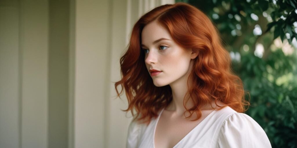 Woman with copper penny hair, wearing a white dress, in a romantic setting, showcasing subtle waves and natural red hues.