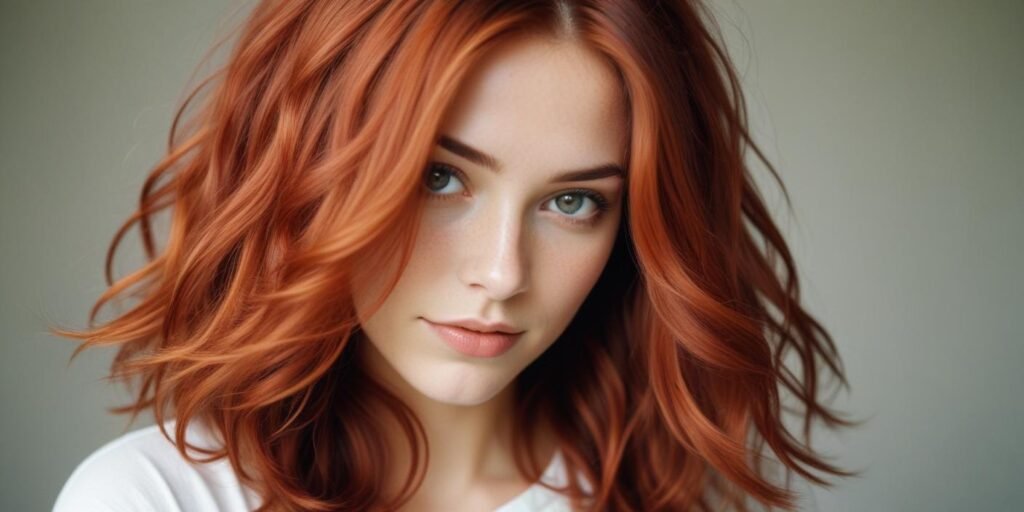 Brightening copper highlights for fine hair, adding warmth, volume, and a youthful glow. Elegant woman with natural red highlights in soft romantic setting.