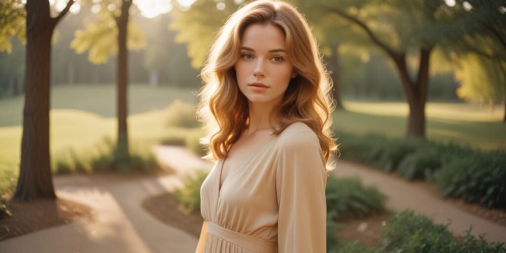 A woman with butterscotch hair featuring a natural, warm glow with golden tones. She wears a beige dress, standing in a romantic outdoor setting with a relaxed, graceful expression