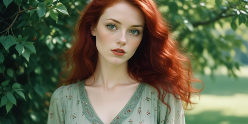 Realistic image of a woman with cherry red hair, fair complexion, and green eyes, wearing a soft pastel dress in a romantic setting.