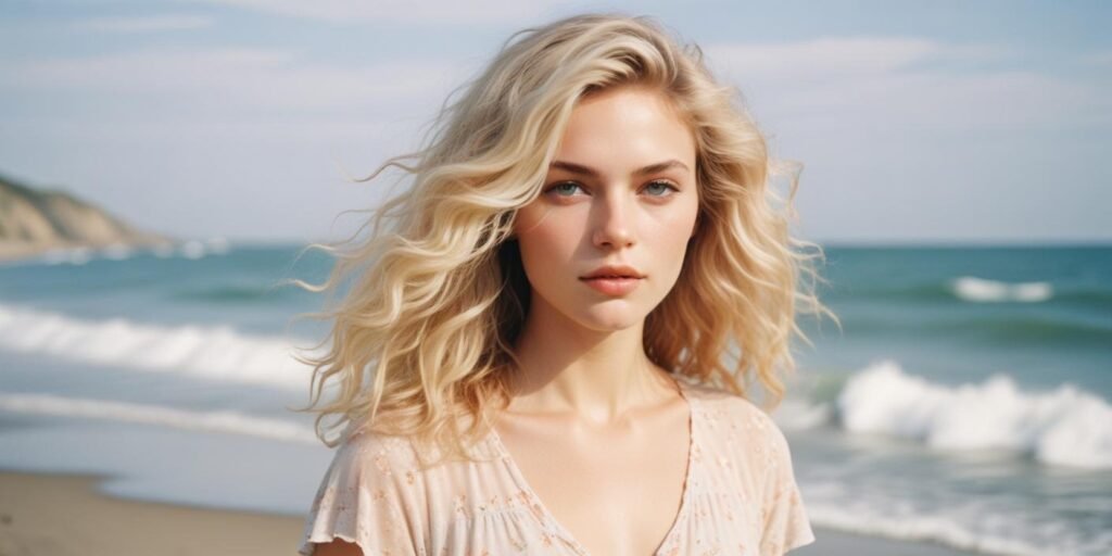 Woman with soft, light beach waves, wearing a pastel dress, showcasing effortless beauty with realistic natural waves and a romantic background