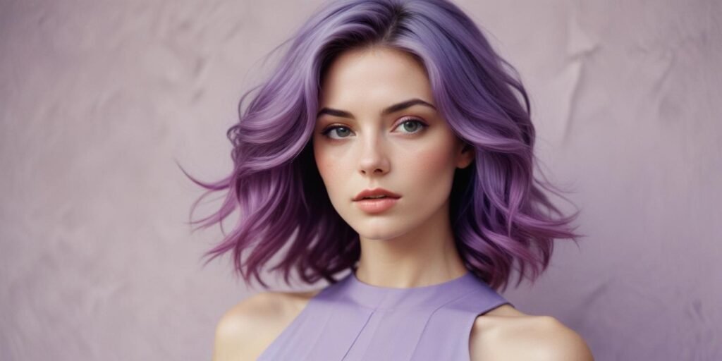 Realistic image of a woman with ultra-saturated, rich-colored hair styled in a layered cut, wearing a soft lavender dress in a romantic setting. Her hair shows dimension and volume