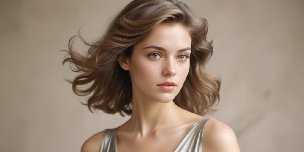 "Realistic image of a woman with metallic tint hair, wearing a soft romantic dress and gently touching her hair, showcasing a subtle, elegant look."