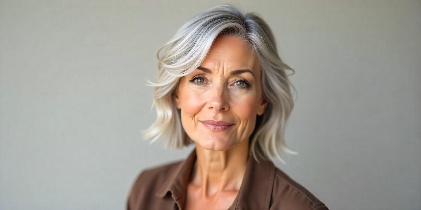 Elegant woman over 50 with a shaggy bob haircut, showcasing textured layers and volume for a youthful, modern look.