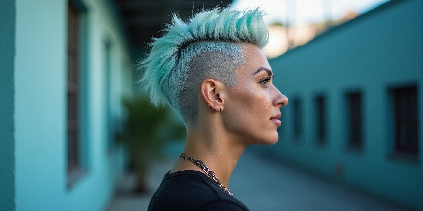 Model with shaved sides geometric fade and textured top in sleek quiff rose gold highlights urban backdrop