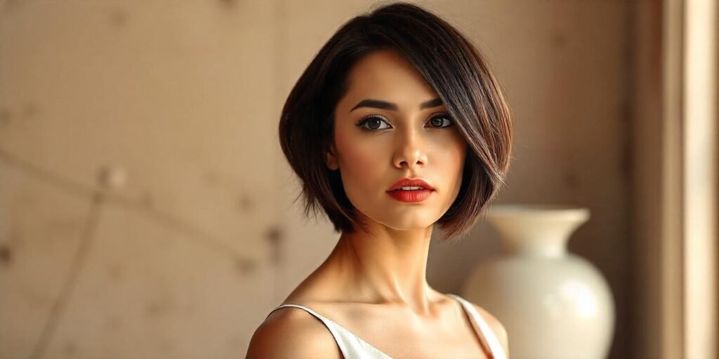Stacked angled bob hairstyle featuring a structured back and longer front piece, suitable for all face shapes.