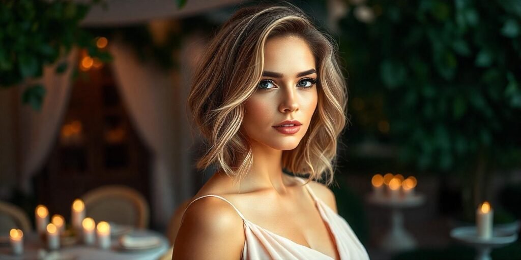Woman with shoulder-length tousled waves wearing a pastel dress in a romantic background


