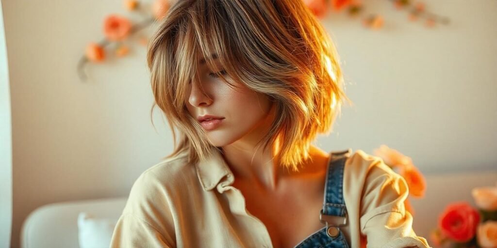 Realistic image of a woman with a textured bob haircut featuring soft layers, wearing a chic beige blouse and denim jeans, set against a romantic background.