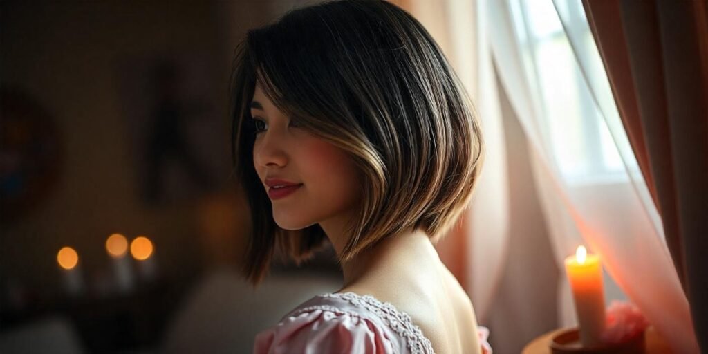 Woman with asymmetrical ombre bob tucked behind the ear, wearing a pastel pink lace dress in a romantic setting.






