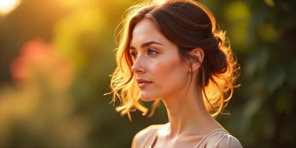 A real photo of a woman with messy, slightly bent hair in a relaxed style, wearing a beige dress, set in a romantic background.






