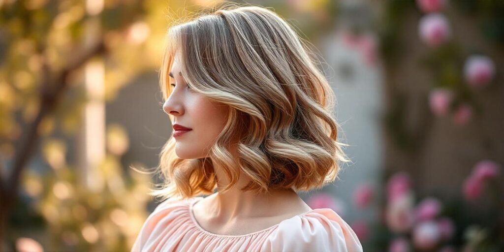 "Honey blonde angled bob with loose waves, wearing blush pink dress in a romantic outdoor setting."
