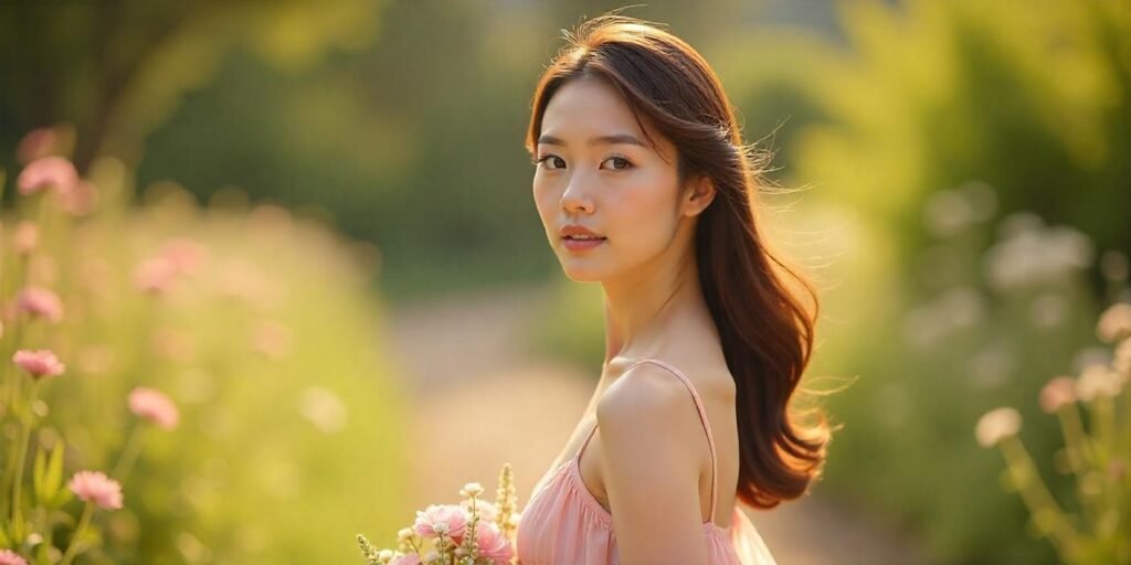 Elegant woman with side-parted hair wearing a pastel dress, holding flowers in a romantic setting.






