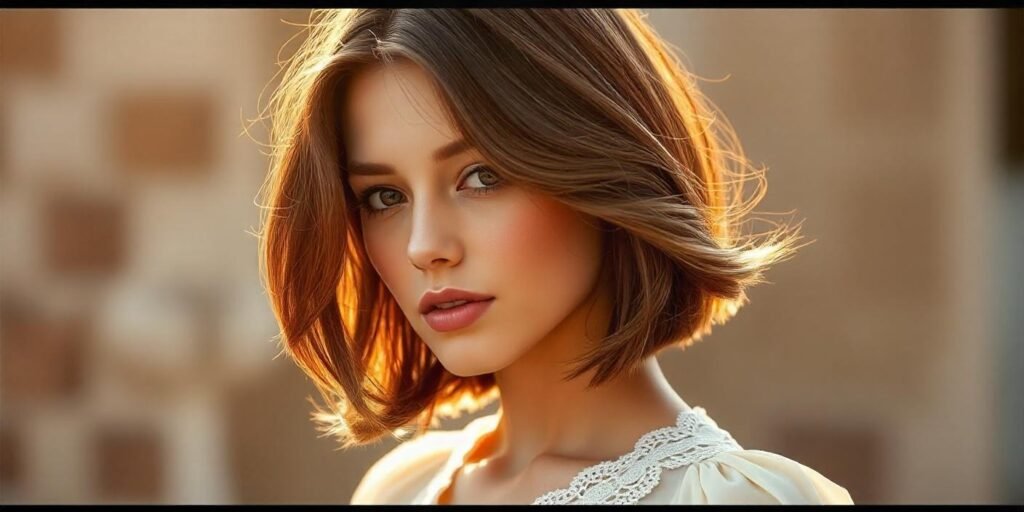Soft layers and sleek angled bob hairstyle with a romantic background and a light cream blouse.