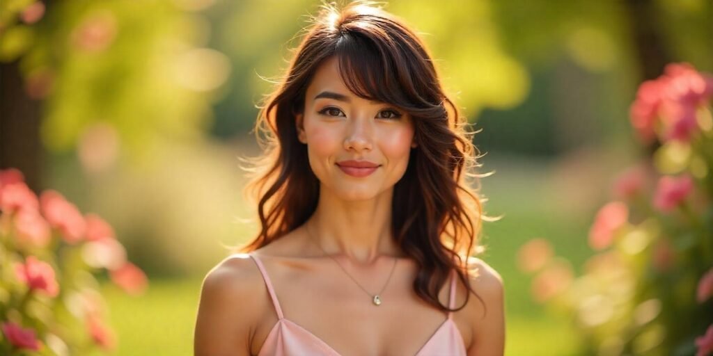 Woman with loose curls and bangs in a pastel pink dress, standing in a romantic garden with soft sunlight.

