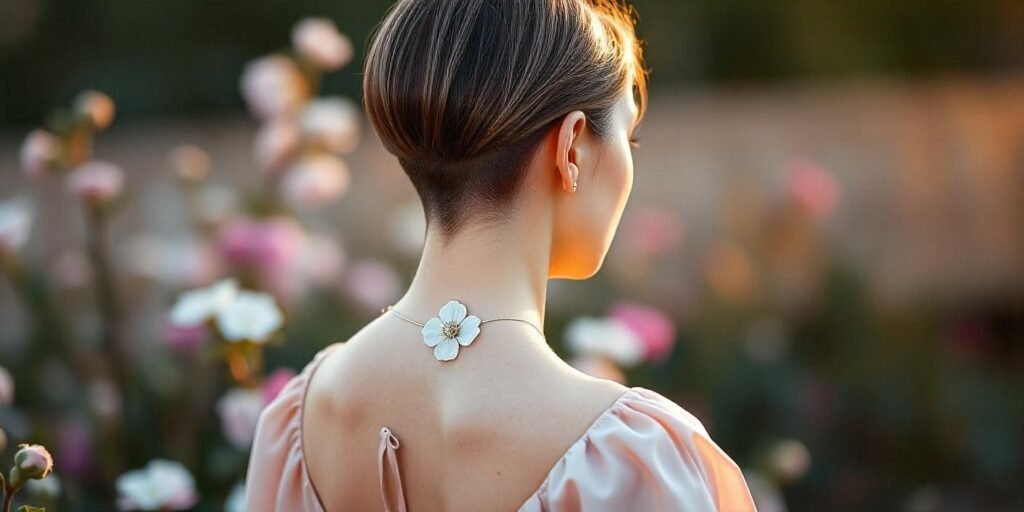 "Realistic photo of a woman with a sleek back undercut hairstyle in a romantic garden setting, wearing a pastel dress."

