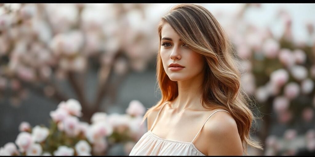 "Woman with sharply angled modern hairstyle in pastel dress standing in romantic garden setting"

