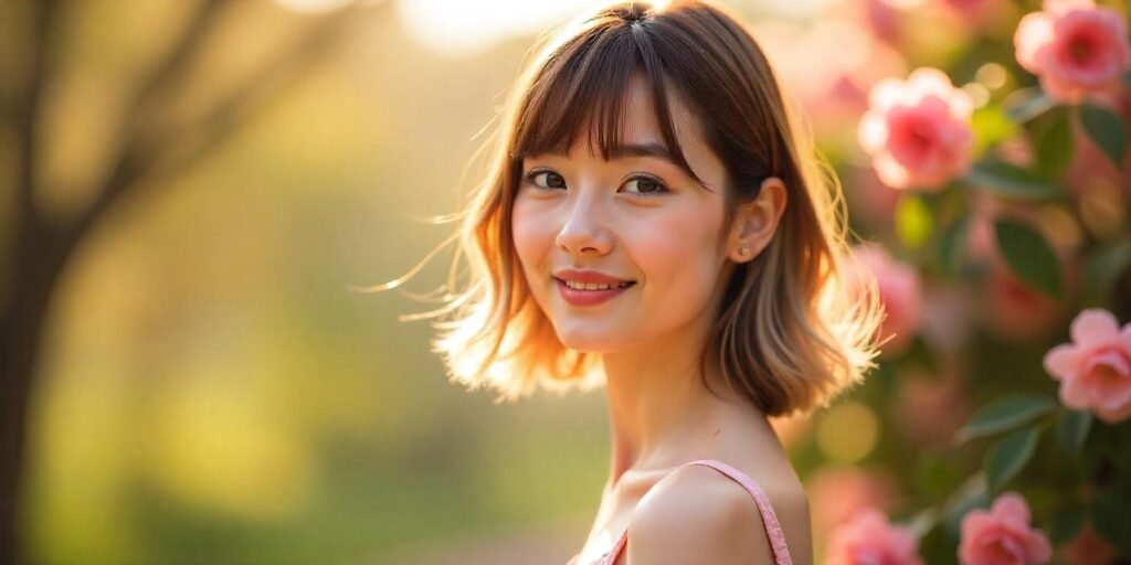"Woman with thick bangs and angled haircut, soft fringe, subtle highlights, pastel pink dress, romantic outdoor setting."

