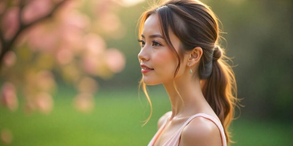 Woman with tapered back and long front hairstyle in a romantic garden setting, wearing a pastel dress.

