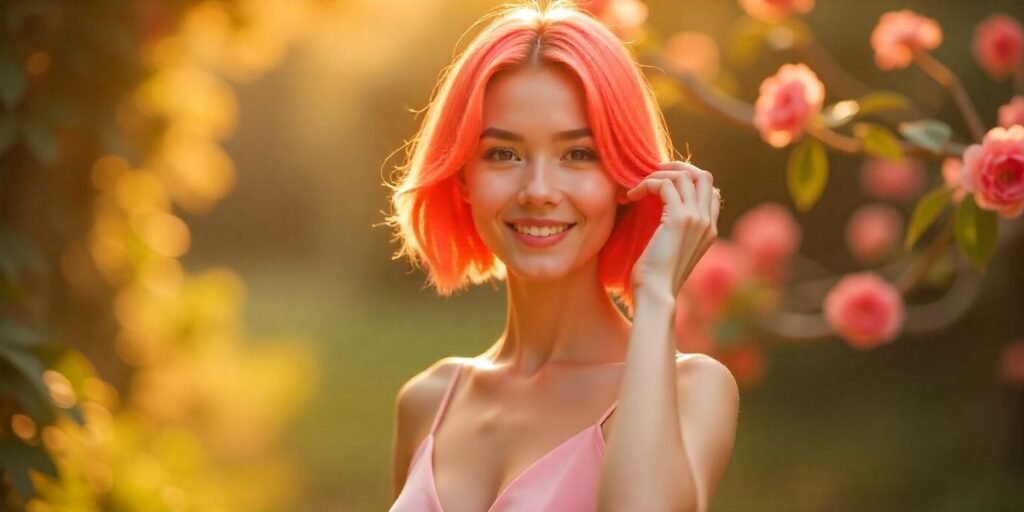"Woman with vibrant electric hair color in a short straight cut, wearing a pastel pink dress in a romantic outdoor setting."

