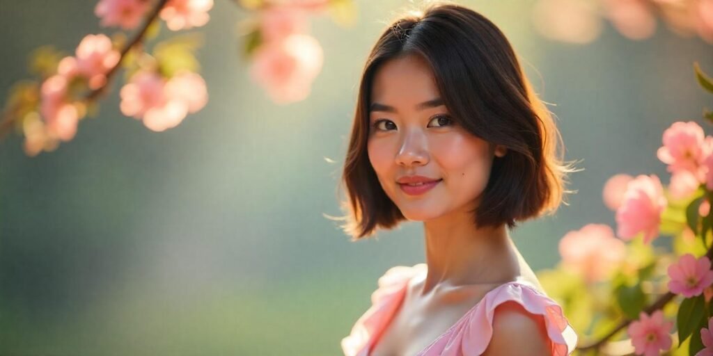 "Woman with sleek bob and deep side part hairstyle in a pastel pink dress, standing in a romantic garden."


