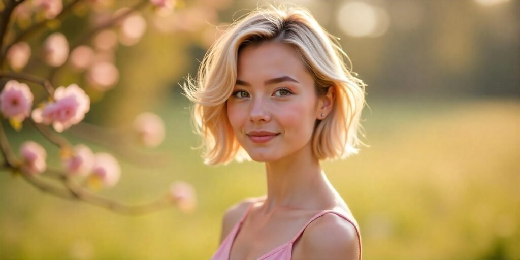 "Woman with angled bob haircut and wispy layers in a pastel pink dress, standing in a romantic outdoor setting."


