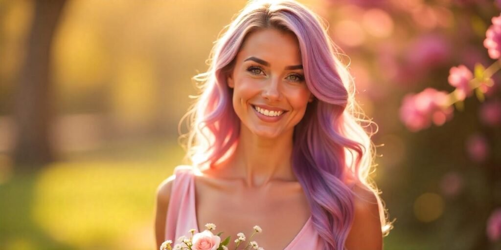 "Woman with long wavy lilac hair in pastel pink dress holding flowers in romantic outdoor setting"

