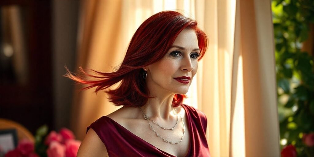 Realistic image of a woman aged 50+ with dark cherry red hair, a high-shine metallic finish, wearing a deep burgundy dress, in a romantic setting with soft lighting and a natural, realistic look.