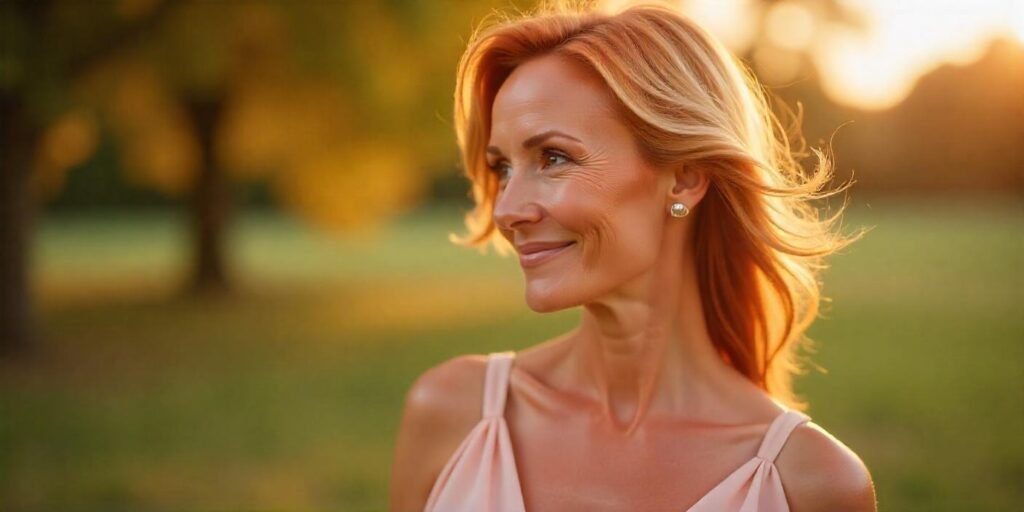 Realistic image of a woman aged 50+ with light golden copper red hair, wearing a pastel-colored dress, standing in a romantic outdoor setting, showcasing a soft, feminine vibe.
