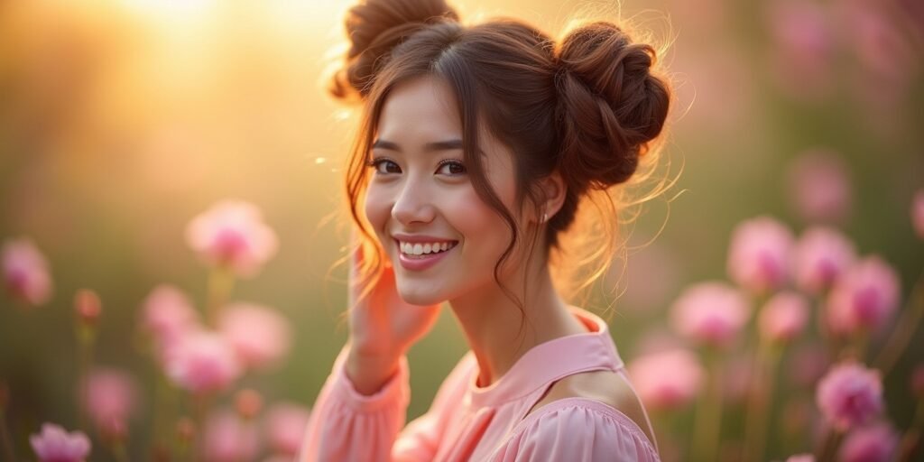 Woman with teased voluminous 3-bun hairstyle in a pastel pink dress, standing in a romantic garden setting.