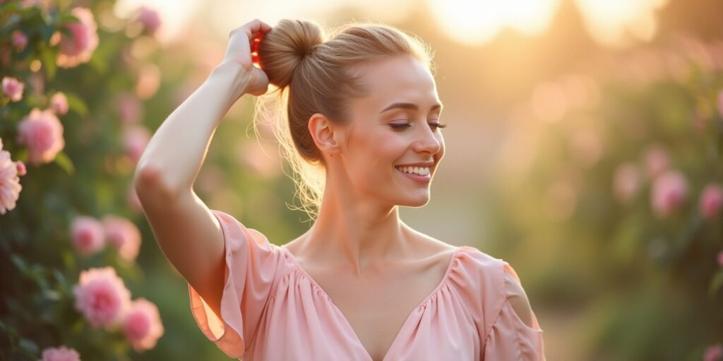 Woman with healthy shiny hair in a bun wearing a pink dress in a romantic garden setting