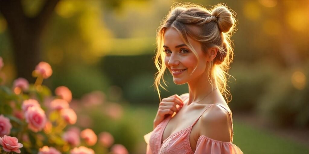 Realistic photo of three buns hairstyle in romantic garden setting with blush-pink dress and natural waves