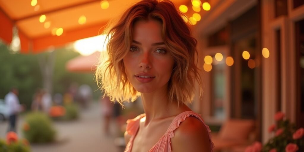 Woman with a choppy wavy lob hairstyle, wearing a light pink dress in a romantic outdoor setting.
