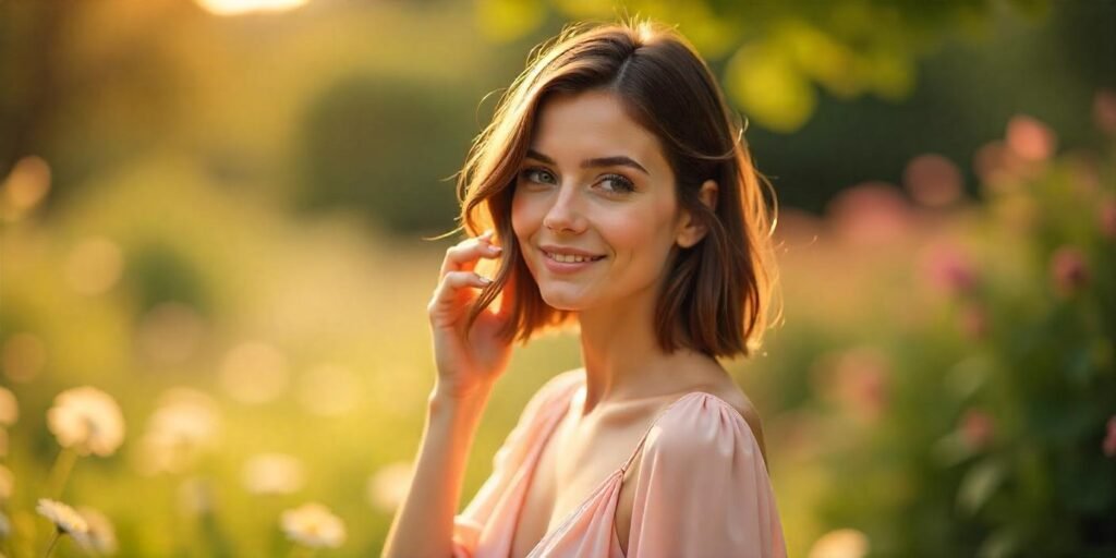 Brunette bob haircut with layers, soft romantic garden background, woman in a light pink dress