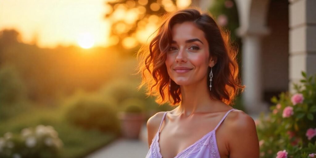 Shoulder-length layered curly haircut with frizz-free curls and romantic background.